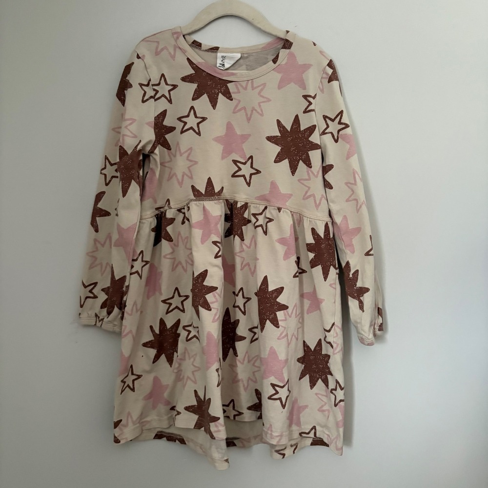 Cotton On Kids Girls Star Print Long Sleeve Dress Cream Brown Pink Size 8